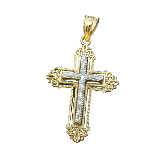 14K Two-Tone Solid Gold Vintage Cross Pendant 1.6g 1.25"H - Picture 4 of 11
